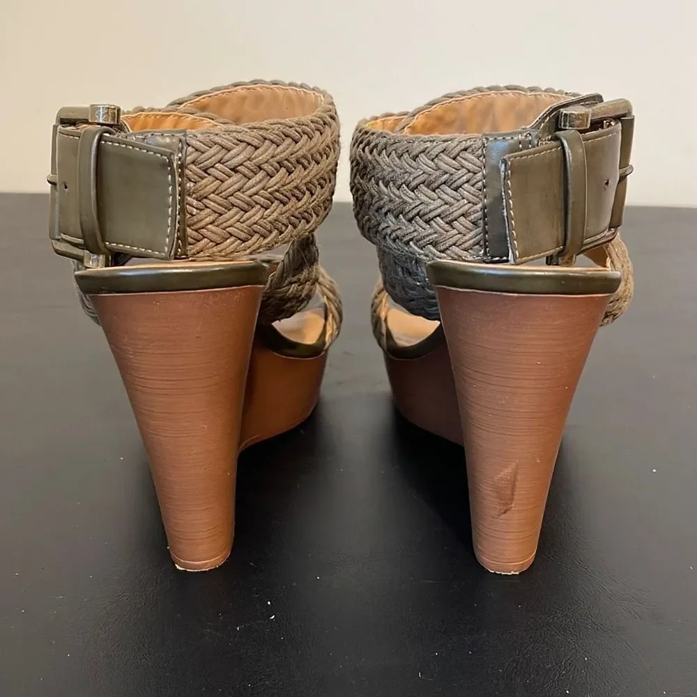 Nine West Womens Marlon Platform Heels‎ Wedge Woven Sandals Olive Green Size 6.5